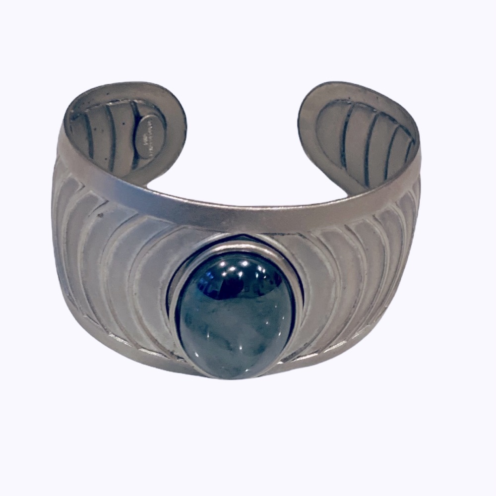 Vintage Dina Panagopoulos Onyx Metal Silver Cuff Bracelet Jewelry Statement